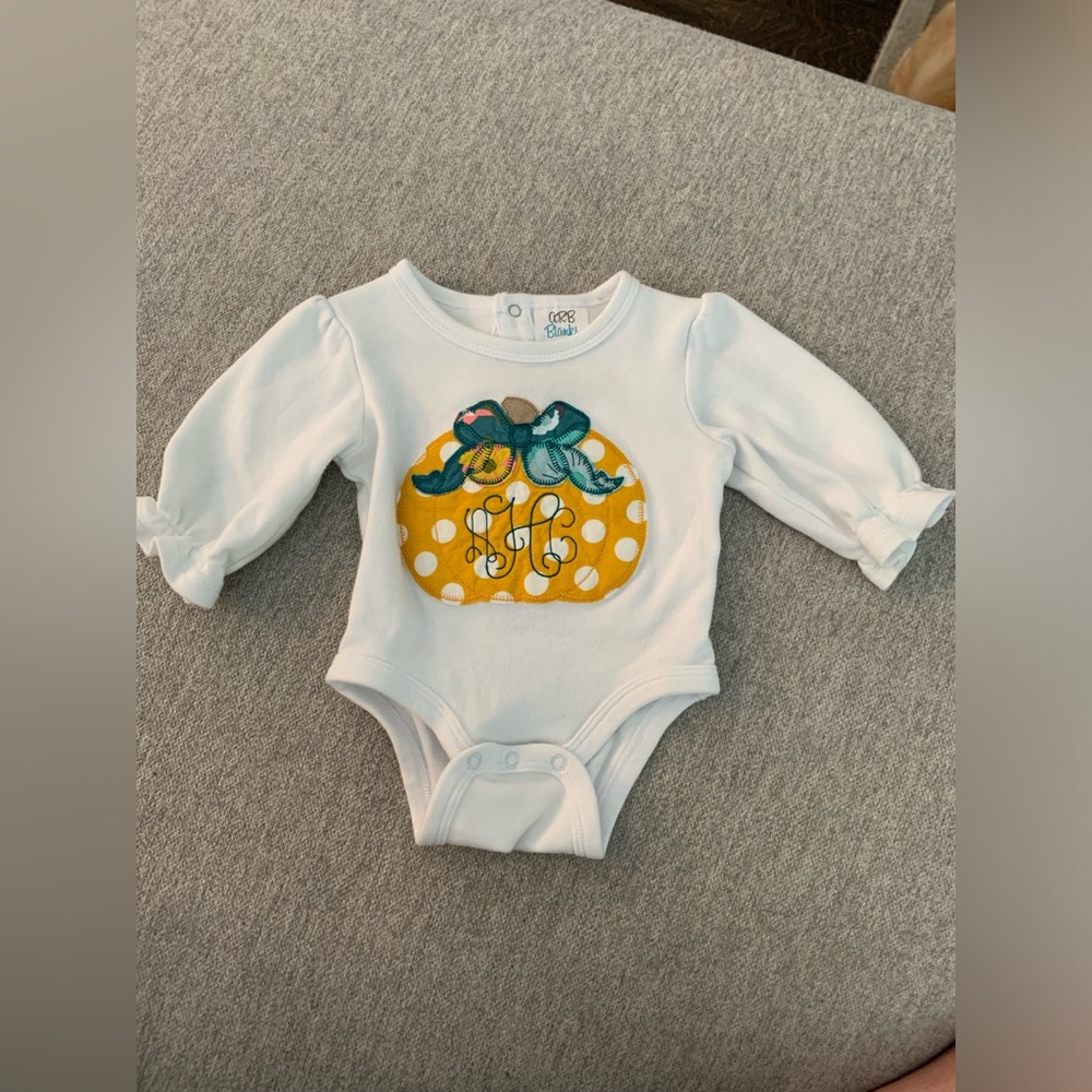 White onesie orange pumpkin monogram AHC 0-3 months baby fall outfit Halloween